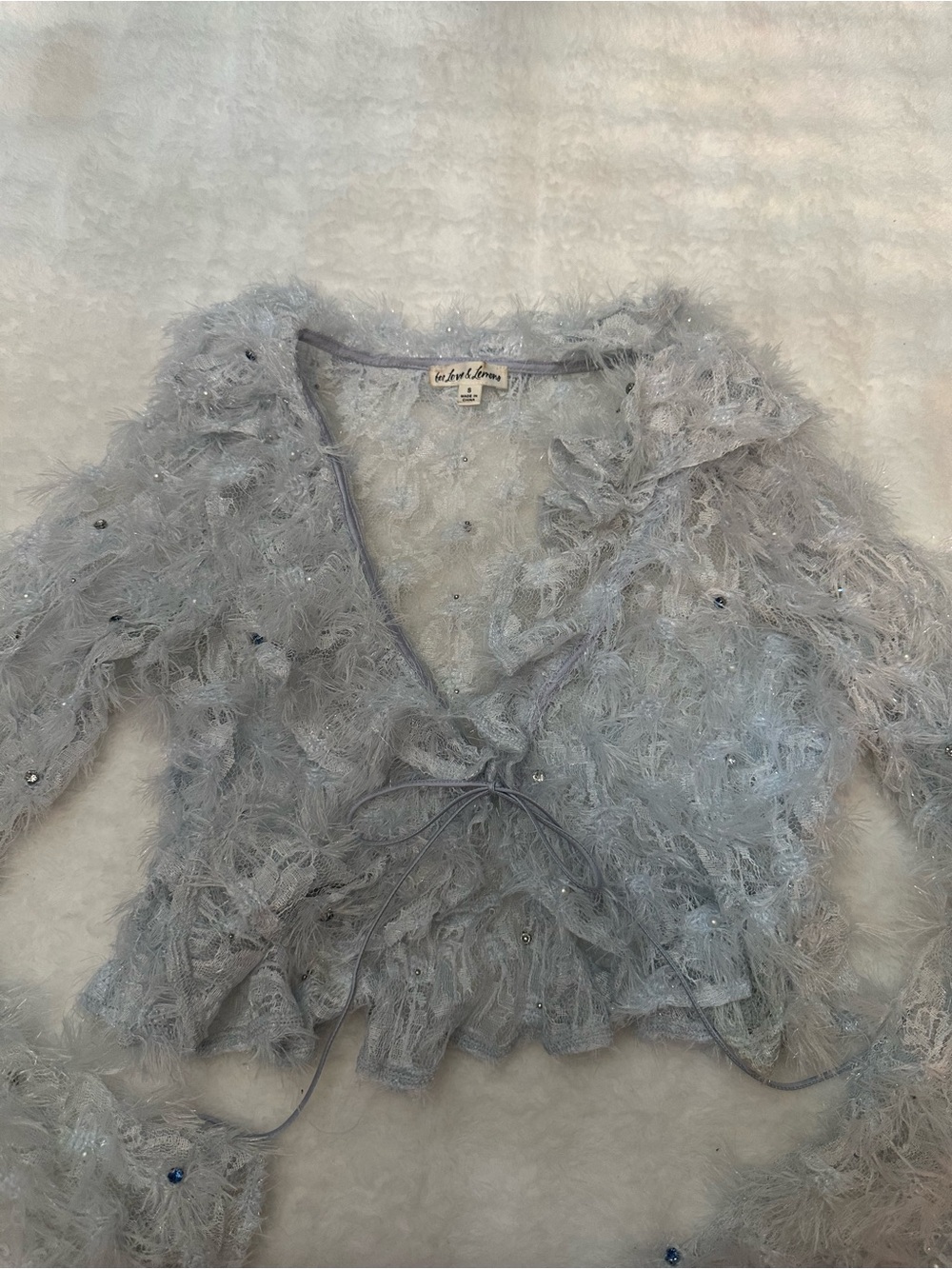 For Love & Lemons Moira Top Blue Eyelash Lace Cropped Cardigan 39239 - Picture 5 of 11